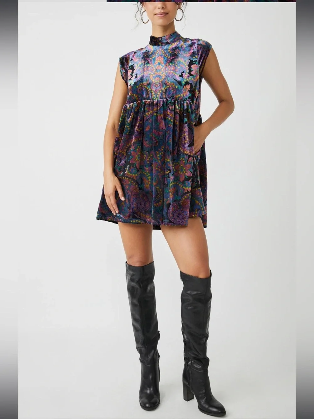 Free People Velvet Paisley Smocked Mini Dress. Size Small.